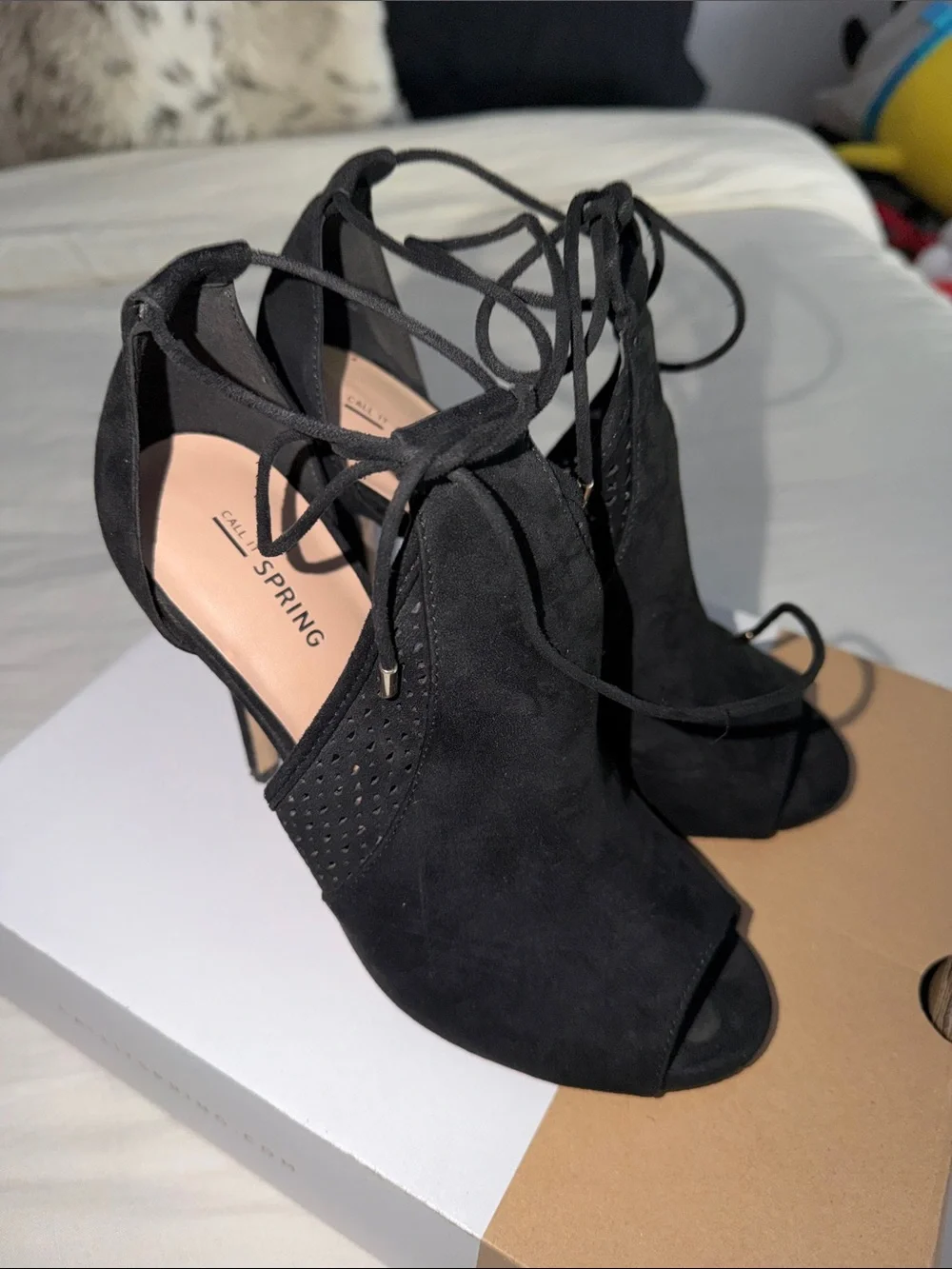 Call It Spring Black Lace-Up Peep-Toe Stiletto Heels